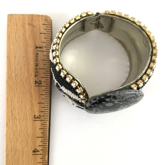 VTG HANSEN Signed 1988 Obsidian Stone Beaded Cuff Bracelet Clip-On Earrings Set - Picture 15 of 16